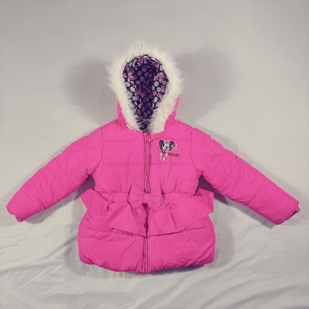 Disney Minnie Puffer Jacker Girl Size 4T‎ Pink Hooded Long Sleeve Full Zipper